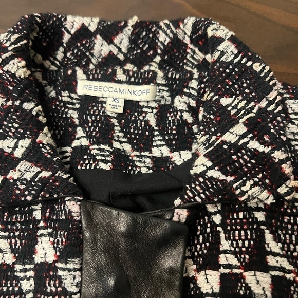 Rebecca Minkoff Tweed Leather Cropped Jacket XS Black White Designer Blazer - Picture 4 of 9